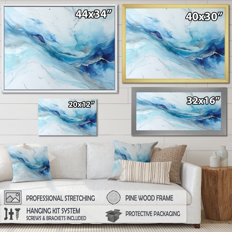 «White and Blue Glacier Charm», impression sur toile encadrée de formes abstraites, H 16 po x l 32 po x P 1 po
