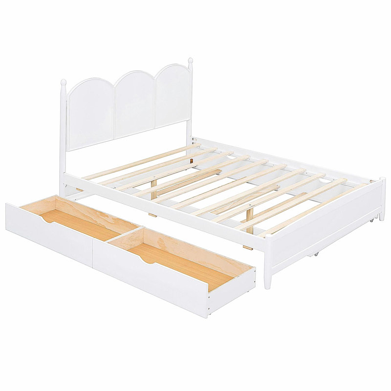 Queen size platform bed with 2 large drawers, pull-out bed, White