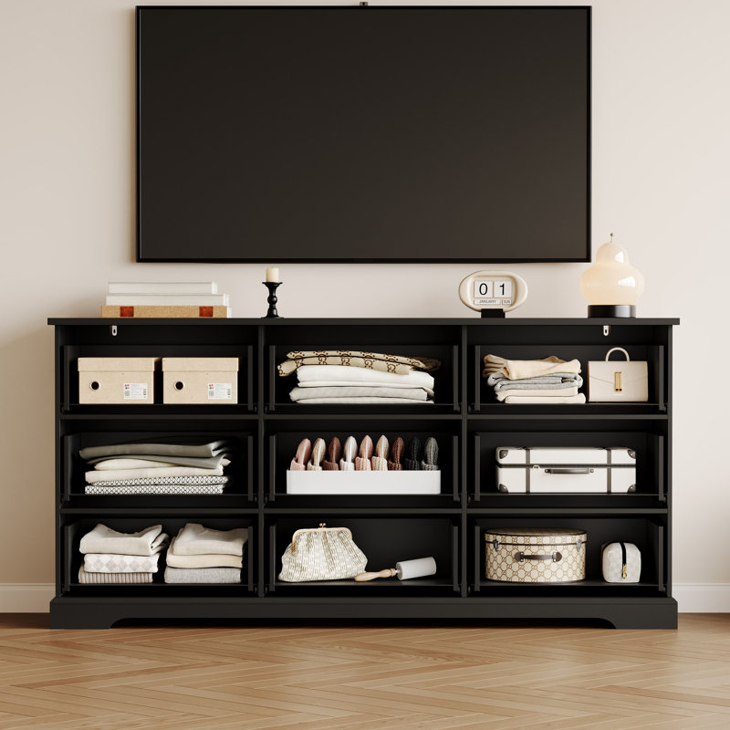 63" W Fluted 9 Dresser, Wooden Chest Of Drawers With Metal Handle, Black