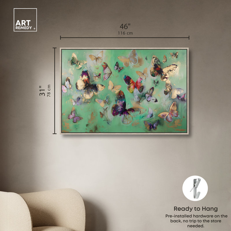 «Gilded Wings I», reproduction d'art sur toile encadrée par Art Remedy, cadre en chêne naturel, 45 x 30, 31"H x 46"W