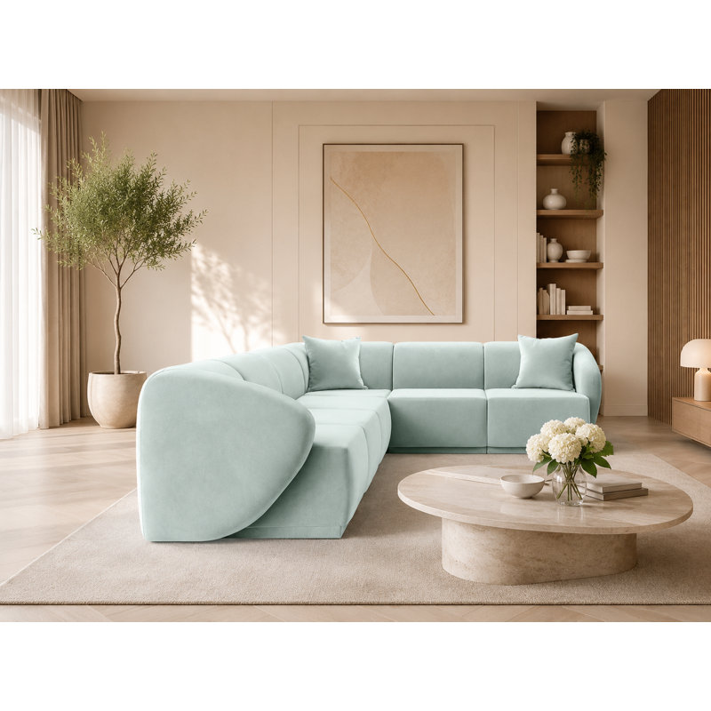 6 Seater Velvet Sofa & Chaise, Left Hand Facing, Blue Velvet