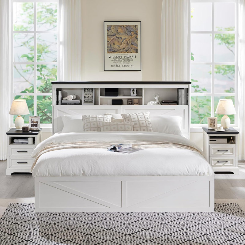 Etsuyo Farmhouse King Bed Frame with Headboard and Power Outlets,  Wood Platform Bed with Storage, 4 Drawers ,Led Light, No Box Spring Needed