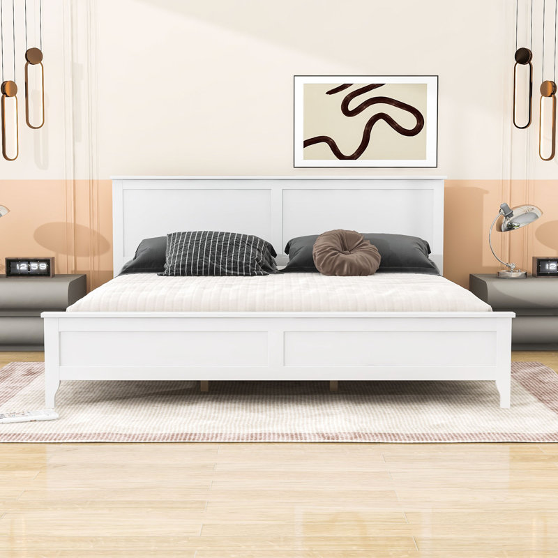 Audrey Wooden Platform Bed with Headboard and Slats Support, King, White