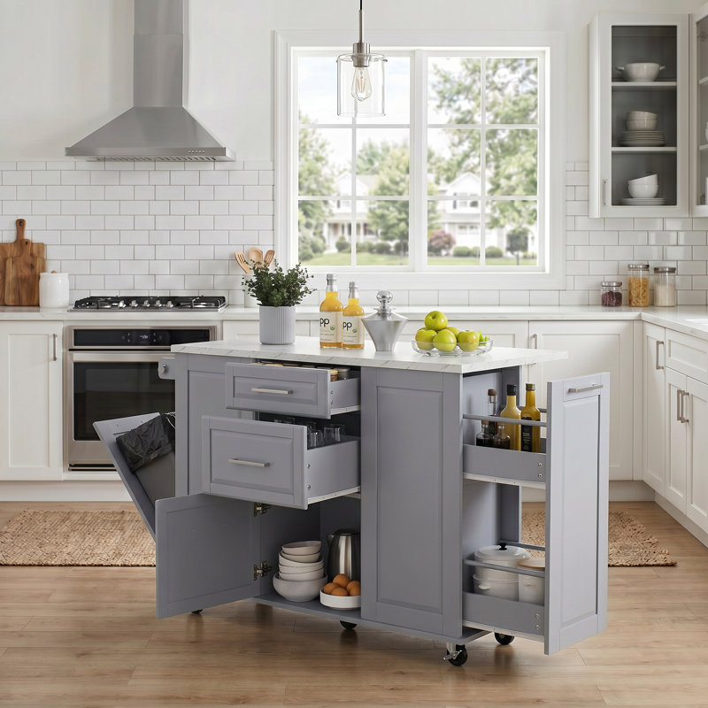 Kitchen Island Fits for Home with Drop Leaf Countertop, Hidden Trash Cabinet & Pull-Out Organizer, Grey