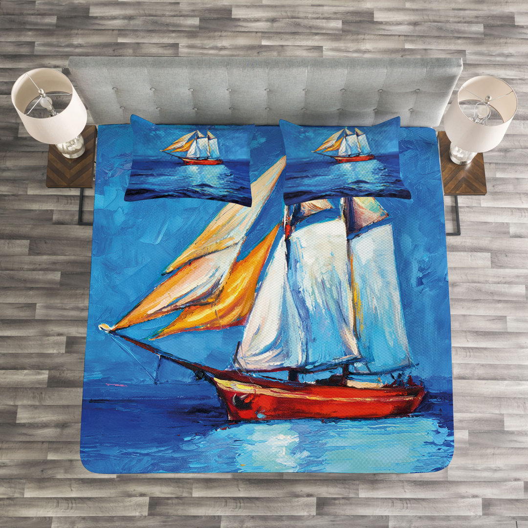 Gestepptes Bettdecken-Set, Segelboot-Kunst-Abbildung, Nautisch, Marineblau Blau