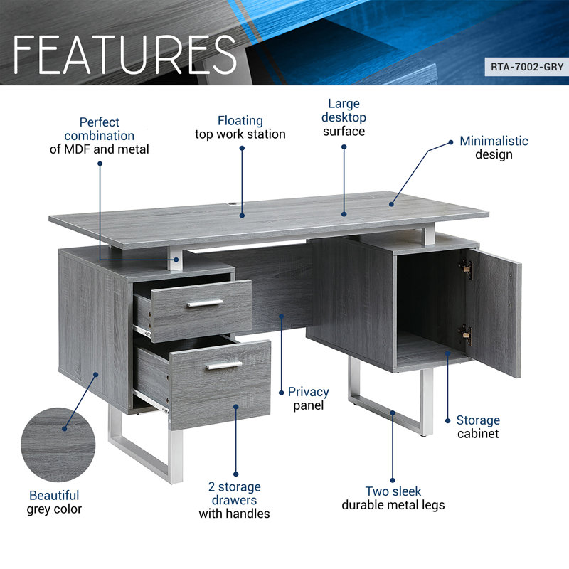 51'' Floating Rectangle Computer Desk with Drawers and Storage Cabinet, Gray
