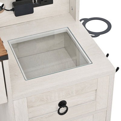 Ensemble de coiffeuse avec miroir coulissant, plateau en verre, station de charge, 4 tiroirs, 2 armoires et tabouret pour chambre à coucher, blanc Farmhouse