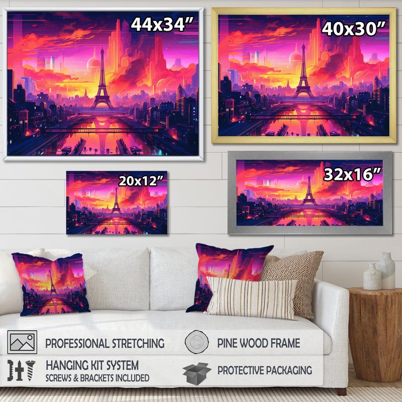 «Futuristic Paris Eiffel Tower Scenery I», reproduction sur toile, H 16 po x l 32 po x P 1 po, Cadre simple noir