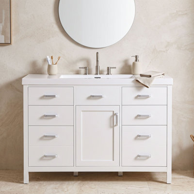 Meuble-lavabo de salle de bain avec lavabo en résine, 6 tiroirs à fermeture en douceur, cloisons amovibles et supports de porte à deux niveaux