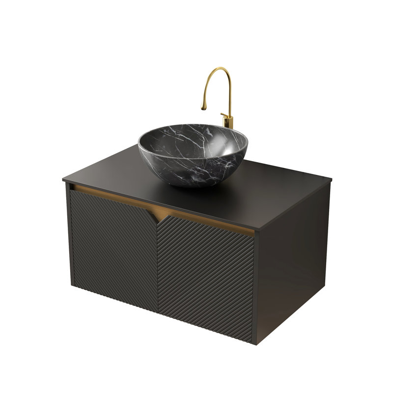 Armoire de salle de bain 30 po avec comptoir en pierre frittée noire, sans vasque, portes en bois massif, structure en contreplaqué, garniture en sergé, fermeture en douceur, paquet plat pour meuble-lavabo à comptoir à installation automatique, corps, accents métalliques,