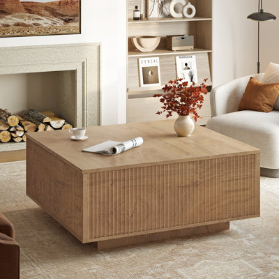 Table basse carrée en bois manufacturé l 32 po avec base en bloc et rangement