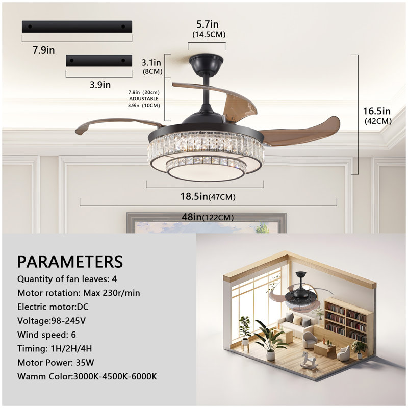 Ventilateur de plafond 48 po à DEL en cristal avec lumière et télécommande 48 po