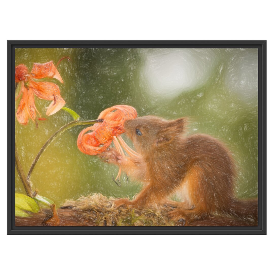 Gerahmtes Wandbild Eichhörnchen riecht an einer Blume