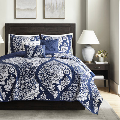 Courtepointe 6 pièces en coton indigo avec coussins décoratifs pour très grand lit / très grand lit et coussins de couleur contrastée