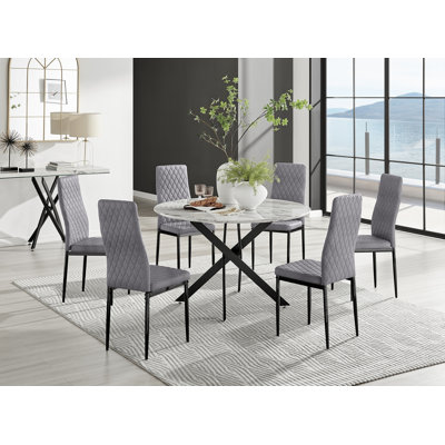 Tierra Modern Marble Effect and Metal 6 Seat Dining Table Set - Luxury Velvet Dining Chairs