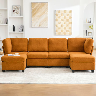 Canapé d'angle modulaire 6 places avec méridienne, forme en U, rangement, tissu doux et confortable, respirant, design personnalisable, mousse haute densité, structure facile à monter