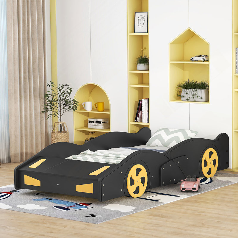 Twin Size Race Car-Shaped Platform Bed with Wheels and Storage, Black