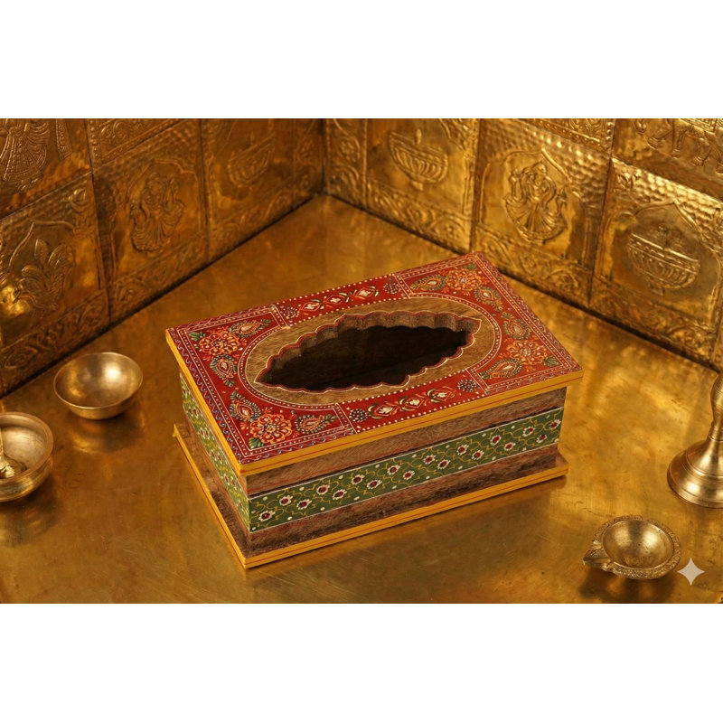Hand-Painted Wooden Tissue Box Cover - 10" Floral Lacquer Art Dispenser - Traditional Indian Home Décor
