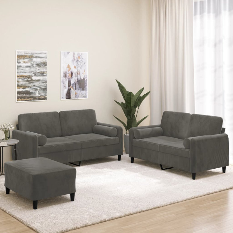  Ensemble de canapé 3 pièces avec coussins décoratifs et velours gris foncé