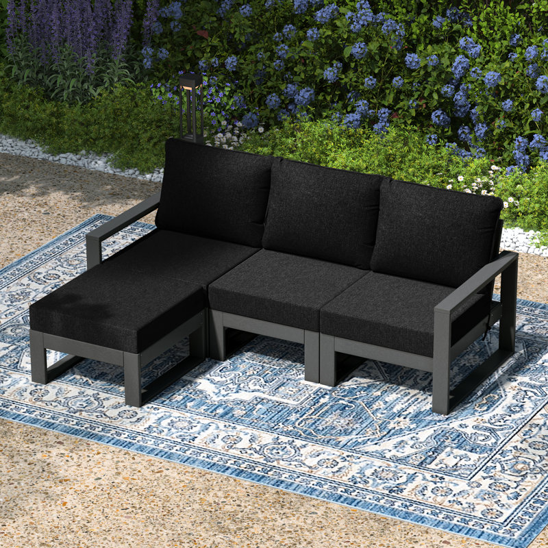 Ensemble de conversation à assise profonde avec repose-pieds 4 pièces pour patio, Noir, noir, noir, noir, Gris