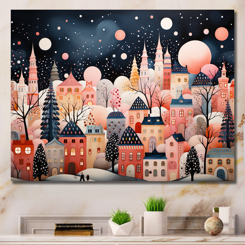 Art déco, village d'hiver, peinture I - art mural Art déco urbain, Cadre flottant doré, H 12 po x l 20 po x P 1 po