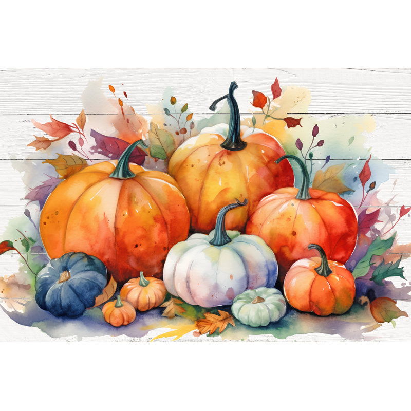 Aquarelle sur toile, citrouilles et feuilles d'automne, H 16 po x l 24 po
