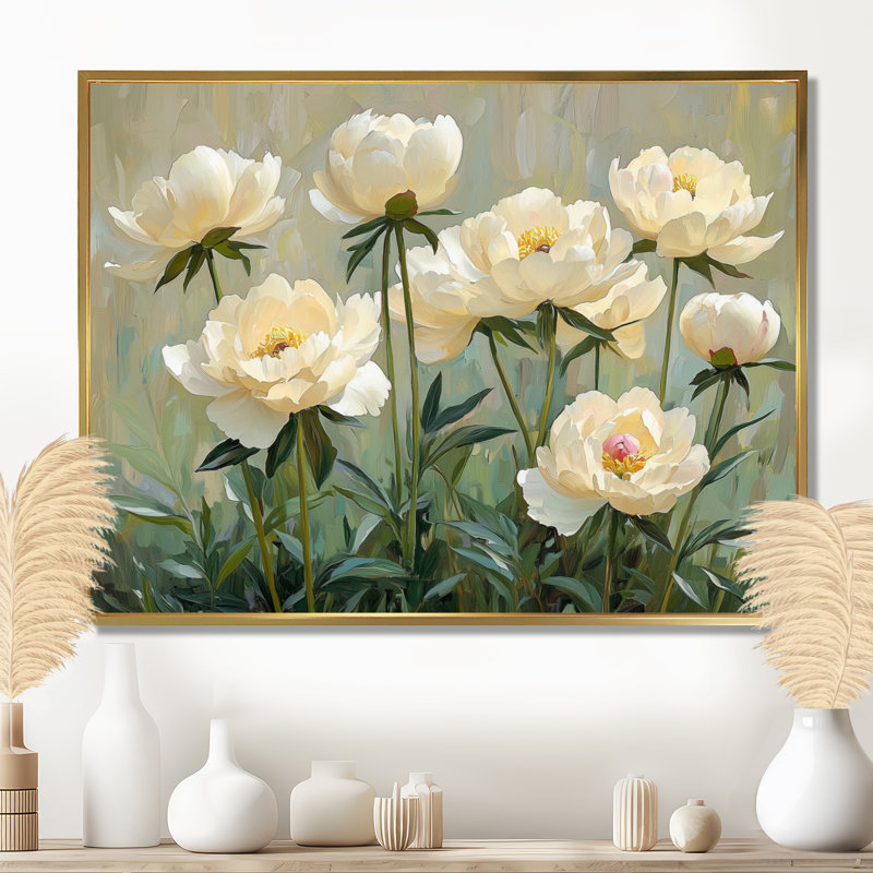 «Ireene Summer Peony In The Herb Garden I», art mural sur toile, H 30 po x l 40 po, Impression encadrée flottante, Doré