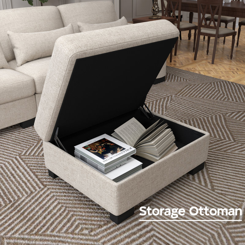 5 - Piece Sectional Sofa With Ottoman, Beige Linen Blend