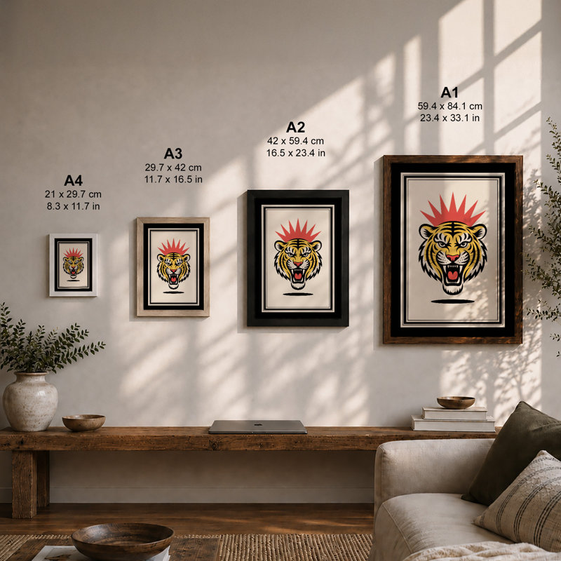 Fierce Tiger Graphic Art - Framed Print, Oak, A4 - 29.7 x 21.0 cm