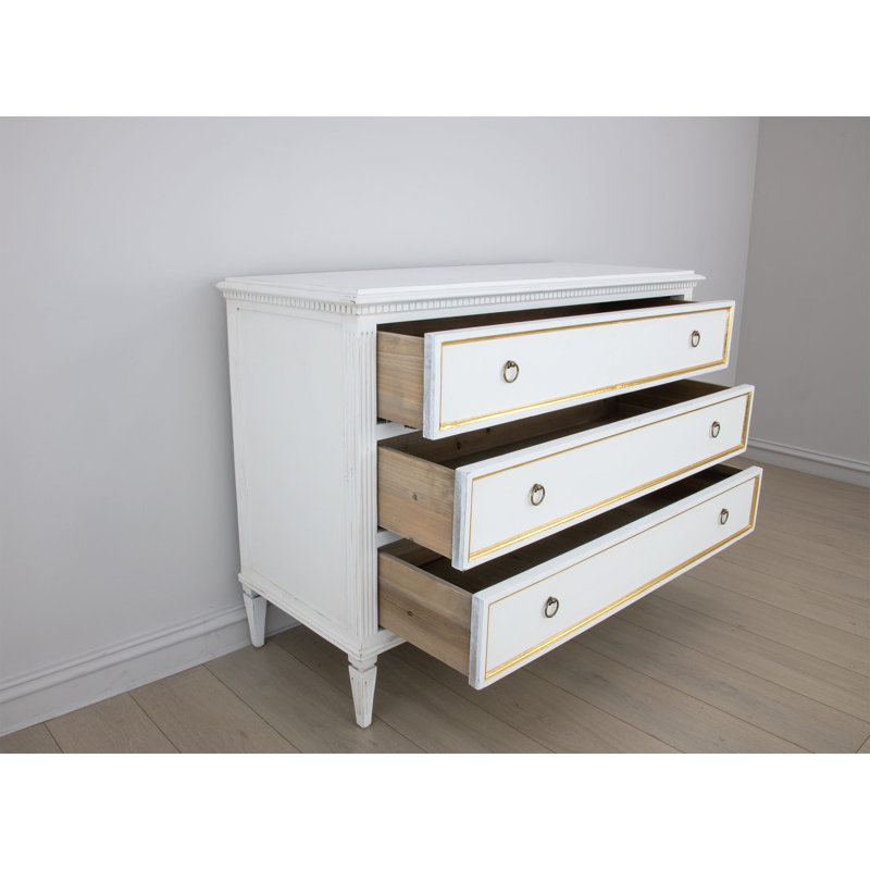 Lauren 3 - Drawer Solid Wood Dresser, White/Gold