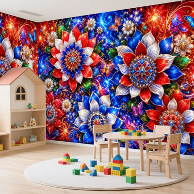 Peler et coller le papier peint adhésif patriotique rouge blanc bleu floral papillons étoiles scintillantes art mural auto-adhésif et amovible