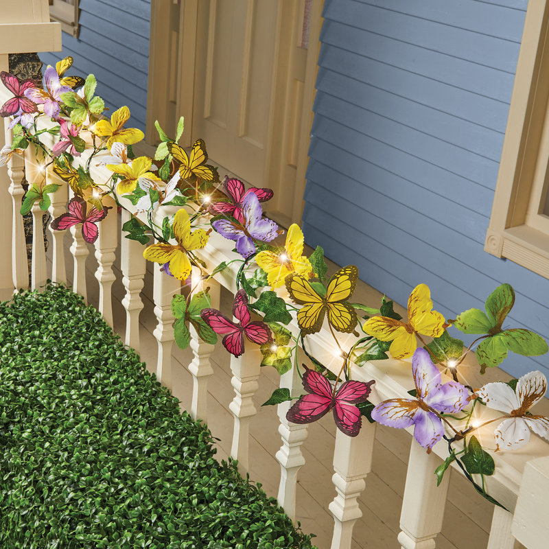 Solar LED Lighted Multicolor Butterfly Garland with Greenery, 116"