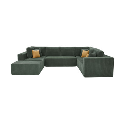 Full Compressed Corduroy Upholstered U-Shape Sectional with Moveable Ottoman - No Assembly Needed