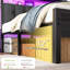 Lit plateforme moderne en bois et métal avec tête de lit rembourrée, éclairage DEL, station de recharge et rangement sous le lit-652386856-652386858