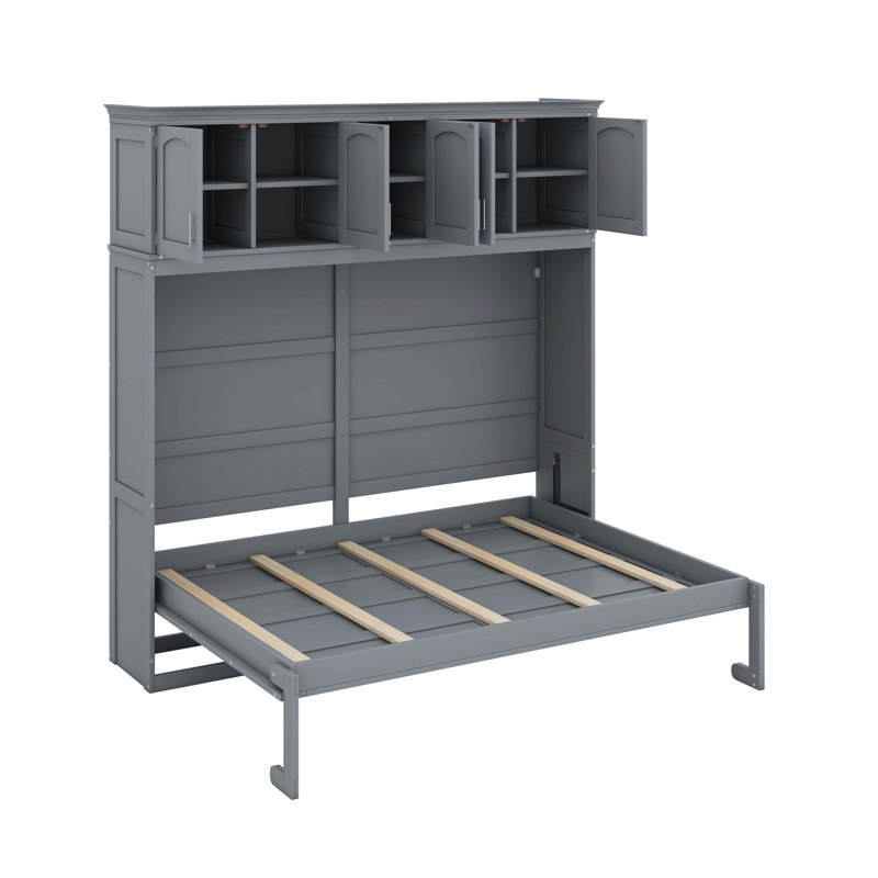 Lit escamotable double avec armoires supérieures, Double, gris