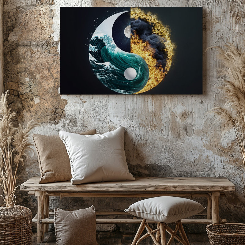 Reproduction d'art sur toile, symbole du Yin Yang visuellement frappant divisé en deux moitiés représentant chacune des éléments contrastants