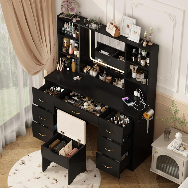 47"  Vanity Desk with LED Lighted Mirror,Drawers & Cabinets, Makeup Table with Power Outlet,  Adjustable Lighting Modes