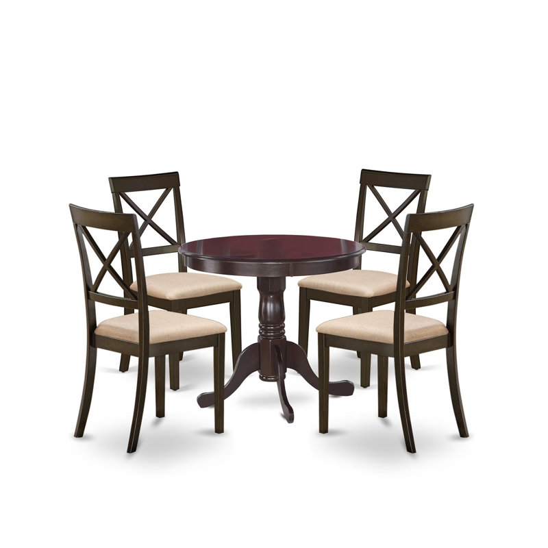 5 Piece Kitchen Table Set for 4 Includes a Round Dining Room Table with Pedestal and 4 Linen Fabric Upholstered Dining Chairs, Cappuccino