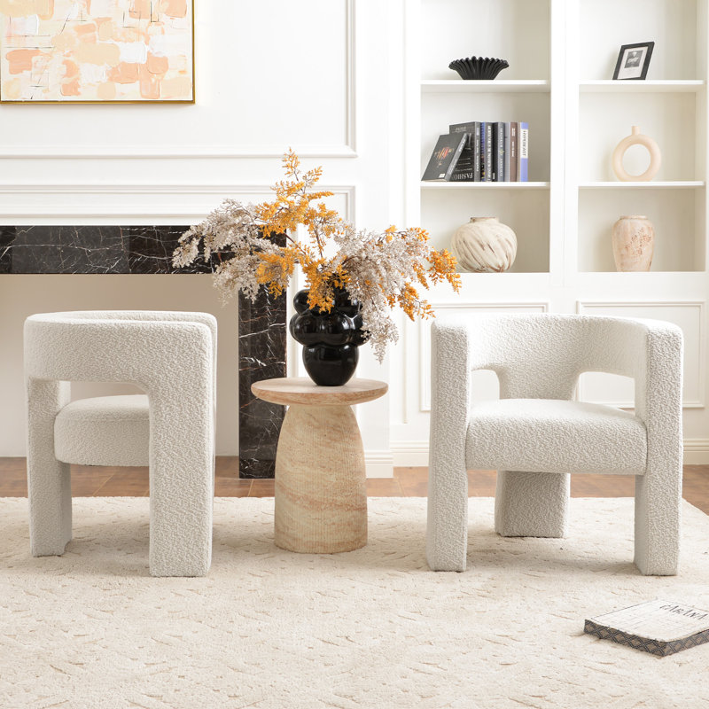 Cleaven 28" Wide Boucle Upholstered Square Armchair (Set of 2), Cream Polyester Blend