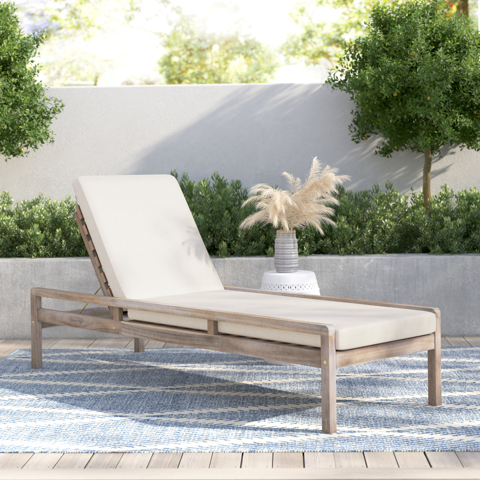 Amina Solid Acacia Wood Reclining Chaise Lounge with Cushion, Beige