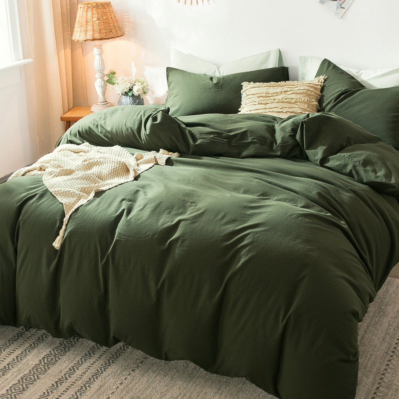 Olive Green Full Cotton Duvet Cover Set with Pillowcases