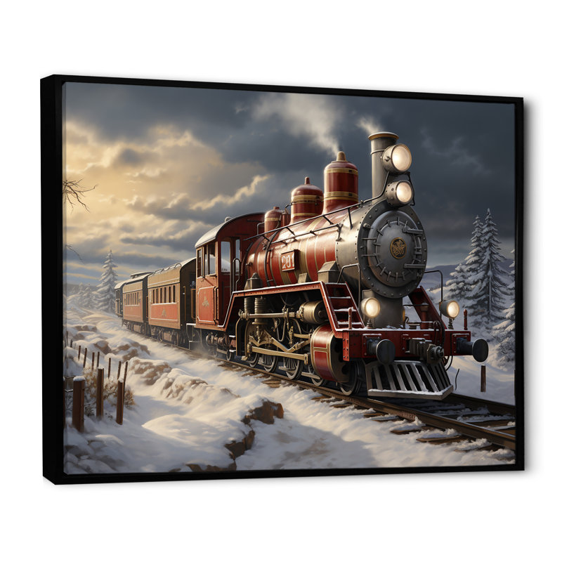 Train de Noël campagne d'hiver - train, art mural, Cadre flottant noir, H 30 po x l 40 po x P 1,5 po