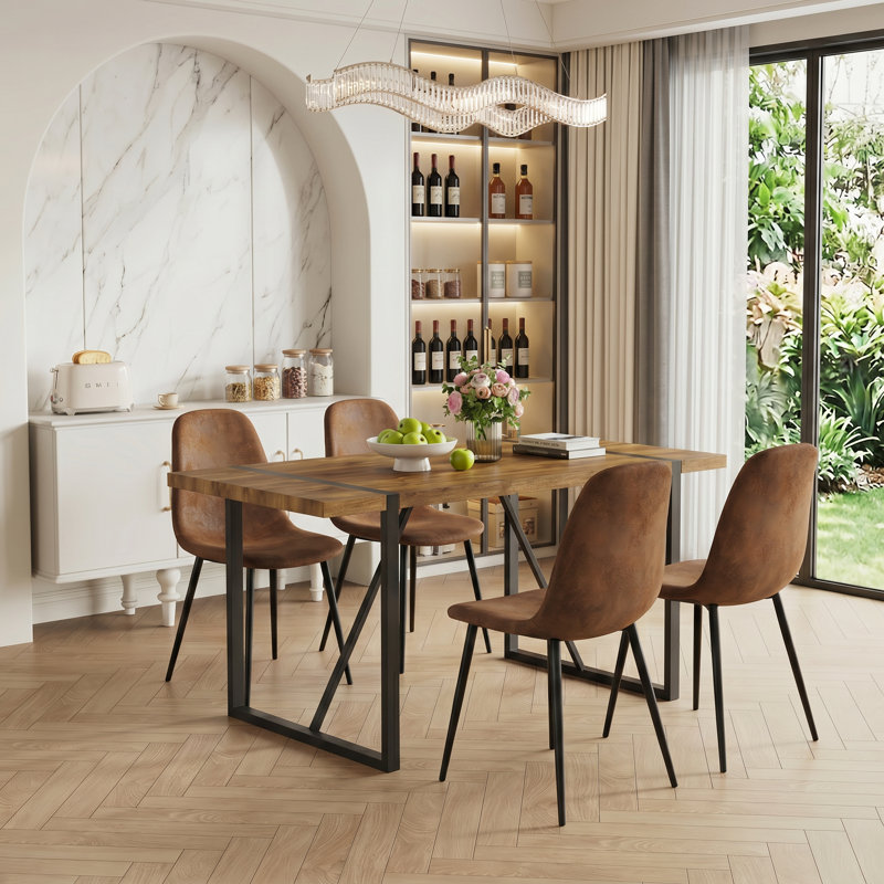 5-Piece Modern Rectangular Wood Dining Set with Geometric Metal Base and Upholstered Chairs, Brown, 5