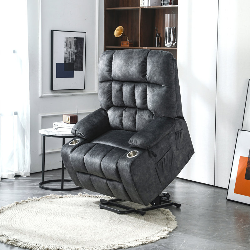 Big Man Recliner in 26-inch Seat Width, Large Power Lift Chair with Heated Massage & Cup Holder, Gray Velvet