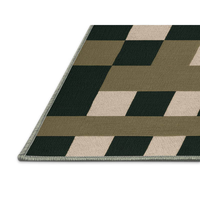 Machine Washable Checkered Green Area Rug, Runner 2' x 4'