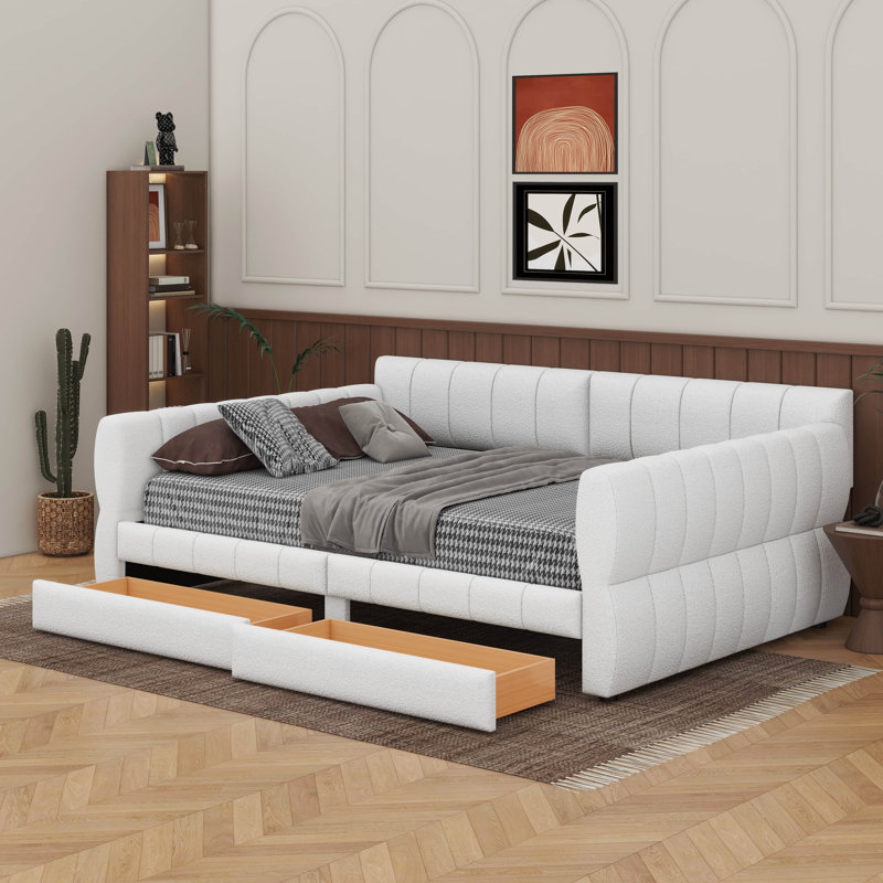 Grand lit plateforme tapissier avec port USB et tiroirs, Blanc