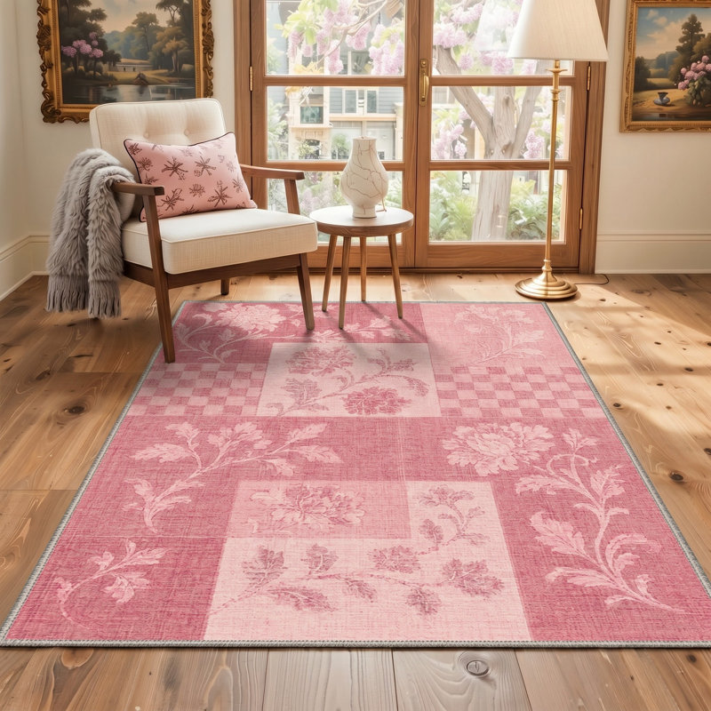 Tapis rose / ivoire en patchwork lavable à la machine avec envers antidérapant, Rectangle 6 pi x 9 pi