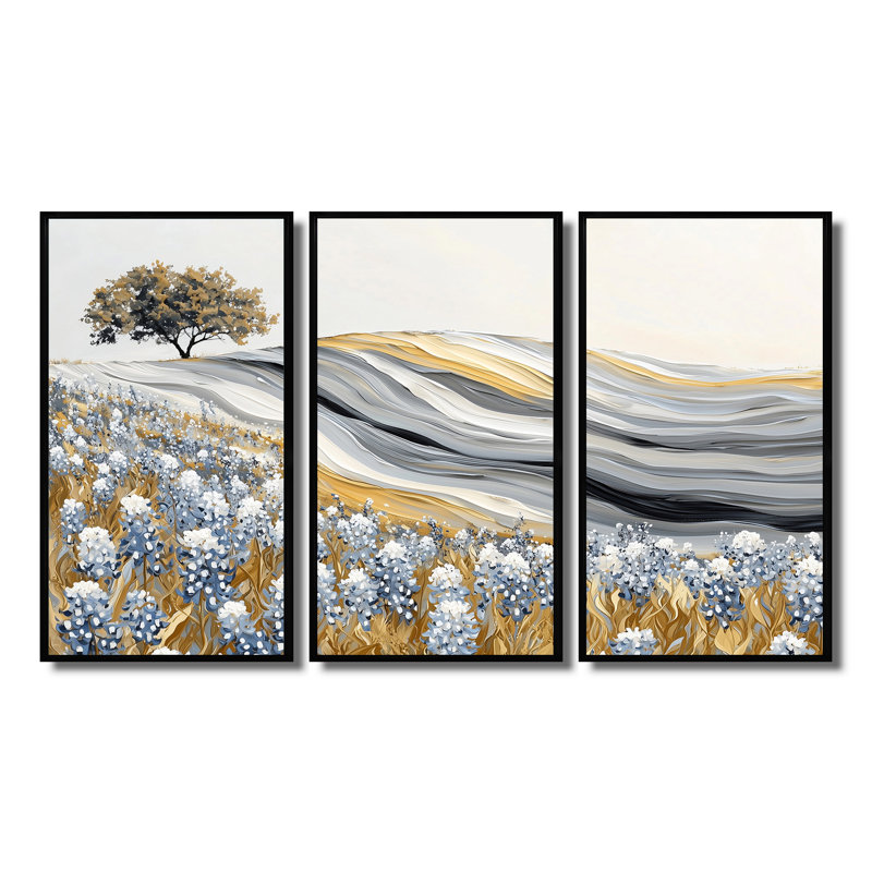 Pré gris et blanc avec fleurs bleu Bonnets II - ensemble d'art mural paysages abstraits, Toile avec cadre flottant noir