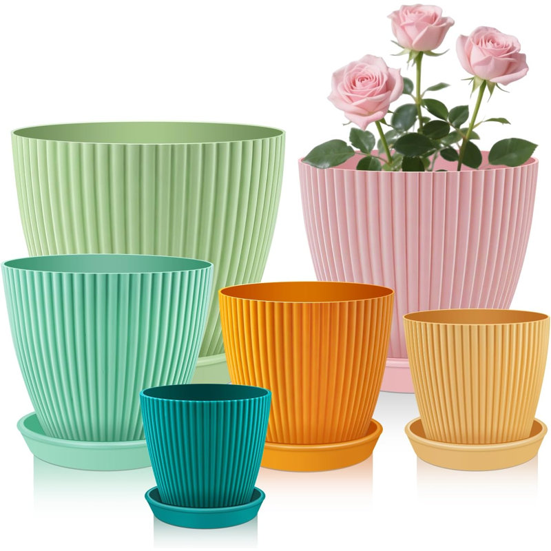 Ensemble de 6 pots à fleurs en plastique avec pots à fleurs 7,5 / 6,7 / 6/5/4 / 3,5 pouces