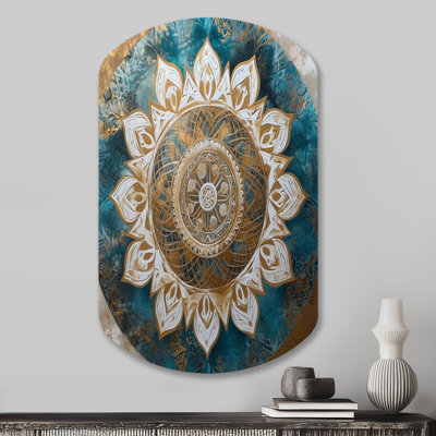 Tayveion - Boho Mandala Asymmetrical Metal Print Wall Art, Teal Unique Shape Metal Wall Decor